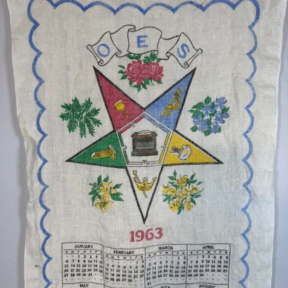 1963 Eastern Star OES Calendar Tea Towel Linen Burlap‎ Calendar Tapestry